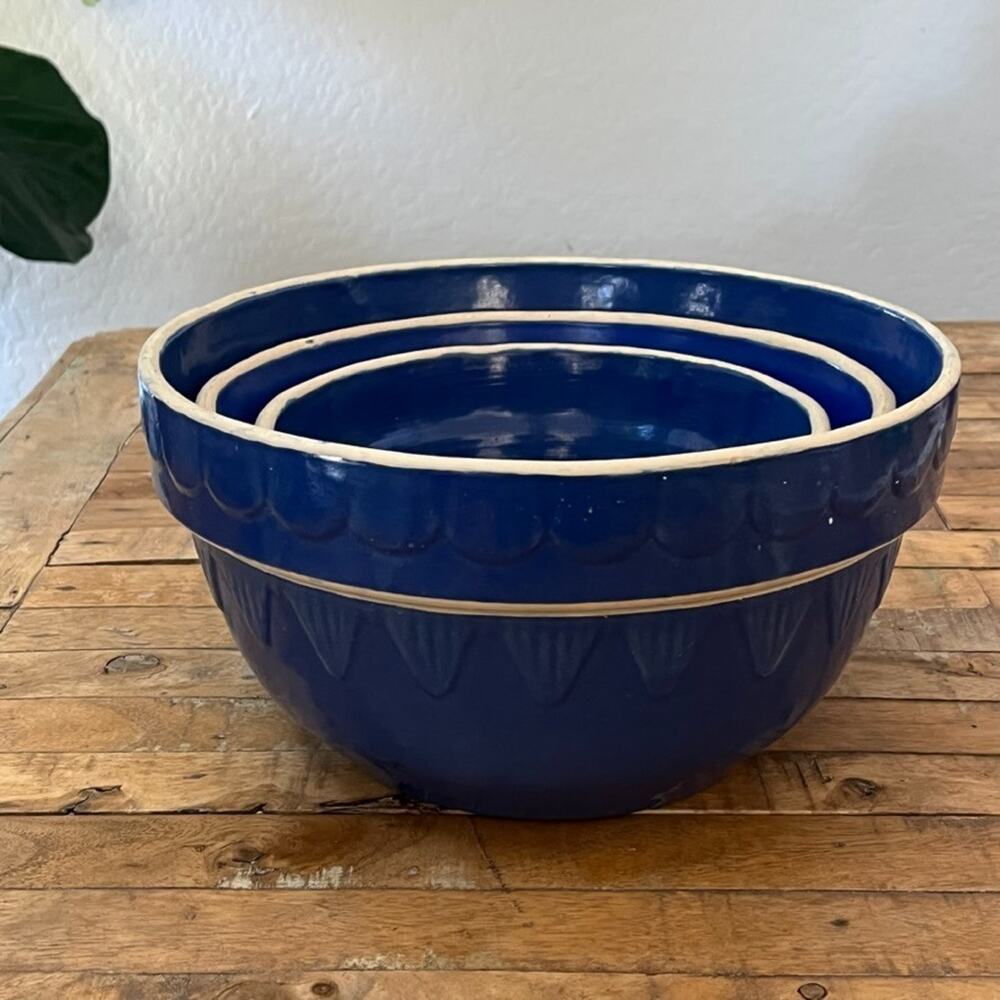 Clay City Pottery Set of 3 Mixing Bowl Stoneware Cobalt Blue Glaze
